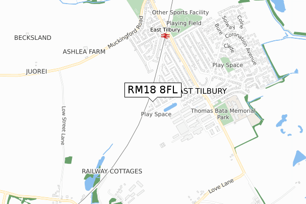 RM18 8FL map - small scale - OS Open Zoomstack (Ordnance Survey) RM18 8FL map - small scale - OS Open Zoomstack (Ordnance Survey)