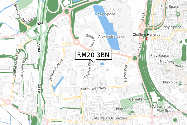 RM20 3BN map - small scale - OS Open Zoomstack (Ordnance Survey)