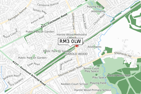 RM3 0LW map - small scale - OS Open Zoomstack (Ordnance Survey)