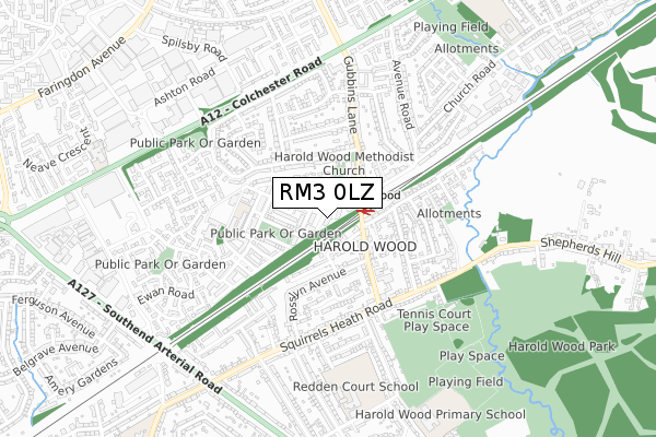 RM3 0LZ map - small scale - OS Open Zoomstack (Ordnance Survey)