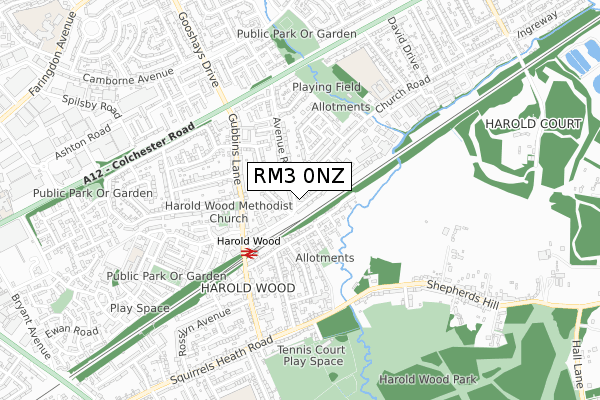RM3 0NZ map - small scale - OS Open Zoomstack (Ordnance Survey)