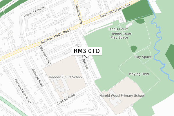 RM3 0TD map - large scale - OS Open Zoomstack (Ordnance Survey)