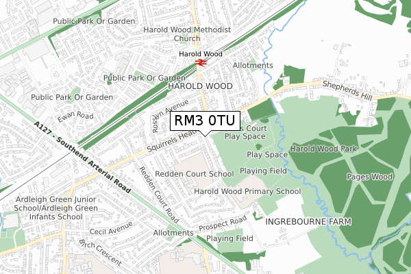 RM3 0TU map - small scale - OS Open Zoomstack (Ordnance Survey)