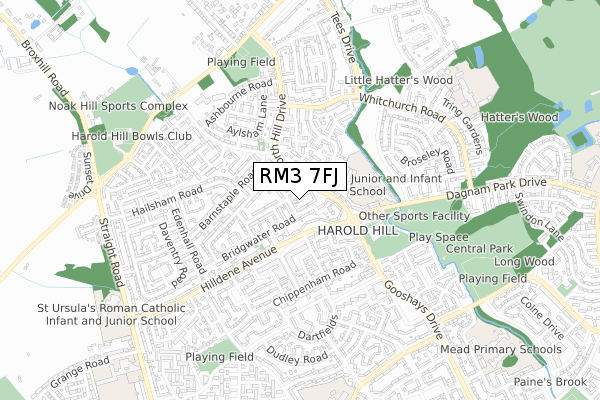 RM3 7FJ map - small scale - OS Open Zoomstack (Ordnance Survey)