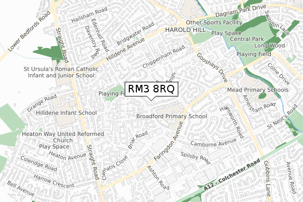 RM3 8RQ map - small scale - OS Open Zoomstack (Ordnance Survey)