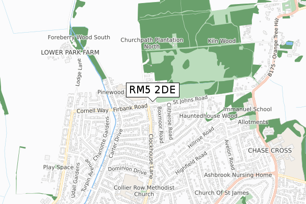 RM5 2DE map - small scale - OS Open Zoomstack (Ordnance Survey)