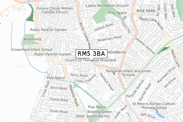 RM5 3BA map - small scale - OS Open Zoomstack (Ordnance Survey)