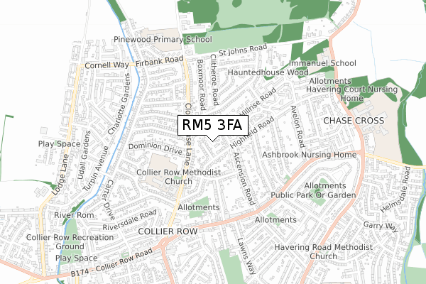 RM5 3FA map - small scale - OS Open Zoomstack (Ordnance Survey)
