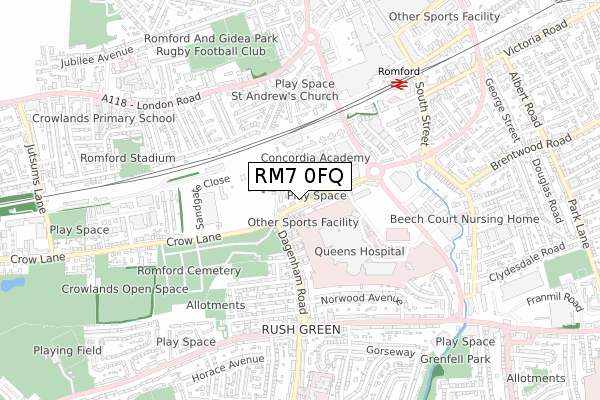 RM7 0FQ map - small scale - OS Open Zoomstack (Ordnance Survey)