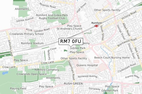 RM7 0FU map - small scale - OS Open Zoomstack (Ordnance Survey)