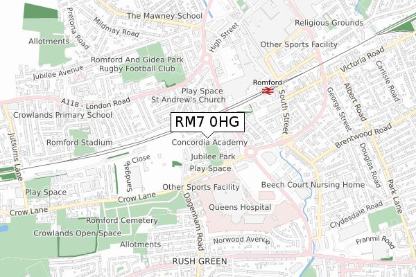 RM7 0HG map - small scale - OS Open Zoomstack (Ordnance Survey)