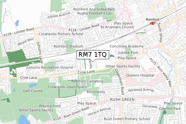 RM7 1TQ map - small scale - OS Open Zoomstack (Ordnance Survey)