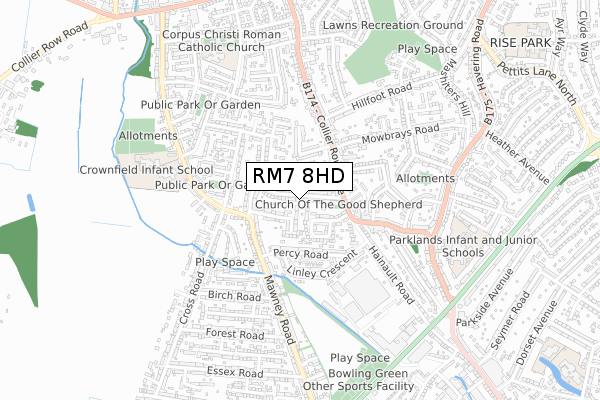 RM7 8HD map - small scale - OS Open Zoomstack (Ordnance Survey)