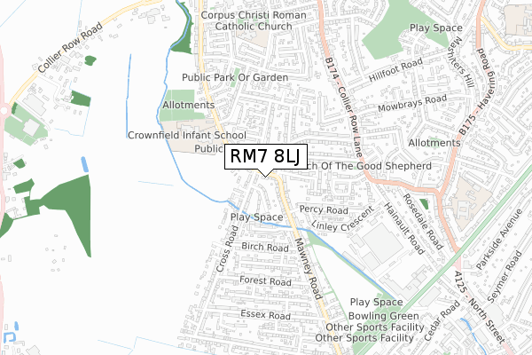 RM7 8LJ map - small scale - OS Open Zoomstack (Ordnance Survey)