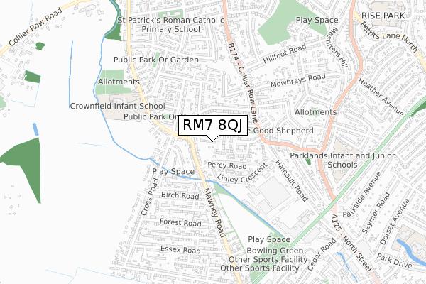 RM7 8QJ map - small scale - OS Open Zoomstack (Ordnance Survey)