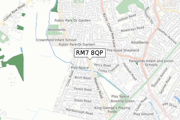 RM7 8QP map - small scale - OS Open Zoomstack (Ordnance Survey)
