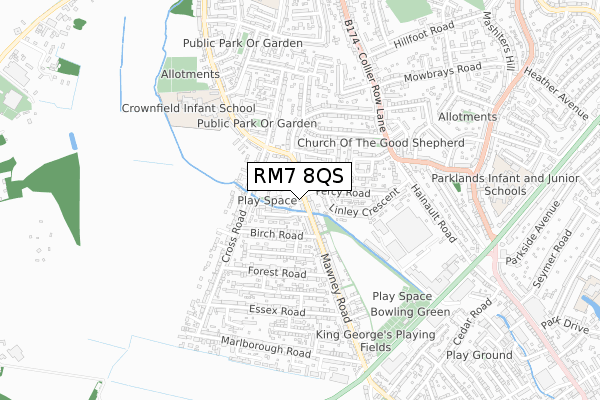 RM7 8QS map - small scale - OS Open Zoomstack (Ordnance Survey)