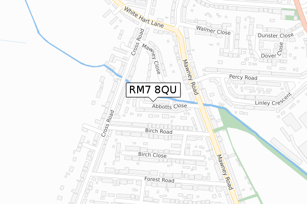 RM7 8QU map - large scale - OS Open Zoomstack (Ordnance Survey)