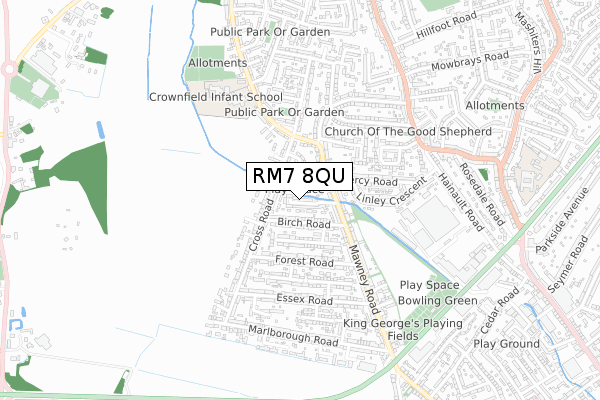 RM7 8QU map - small scale - OS Open Zoomstack (Ordnance Survey)