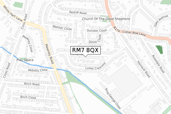 RM7 8QX map - large scale - OS Open Zoomstack (Ordnance Survey)