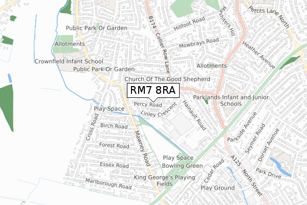 RM7 8RA map - small scale - OS Open Zoomstack (Ordnance Survey)