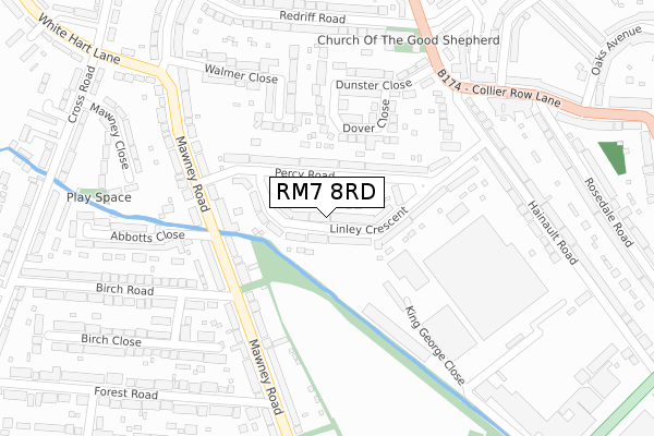 RM7 8RD map - large scale - OS Open Zoomstack (Ordnance Survey)