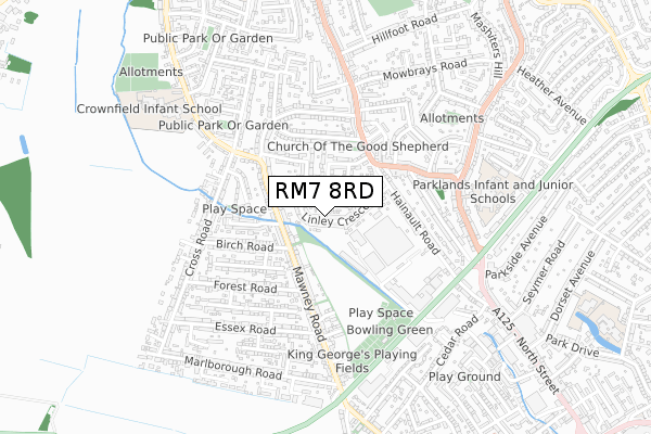 RM7 8RD map - small scale - OS Open Zoomstack (Ordnance Survey)