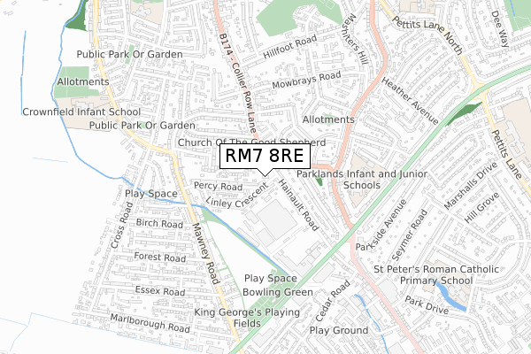 RM7 8RE map - small scale - OS Open Zoomstack (Ordnance Survey)