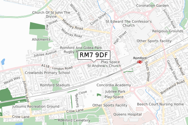 RM7 9DF map - small scale - OS Open Zoomstack (Ordnance Survey)