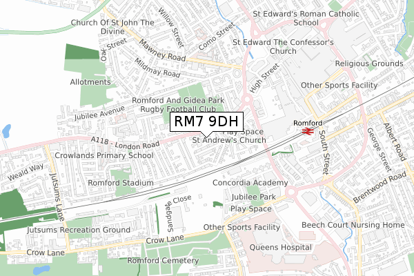 RM7 9DH map - small scale - OS Open Zoomstack (Ordnance Survey)