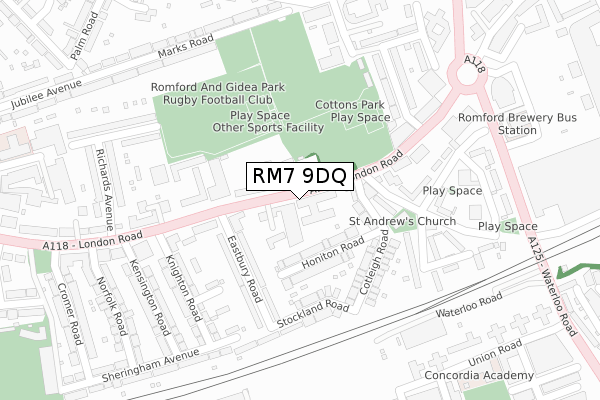 RM7 9DQ map - large scale - OS Open Zoomstack (Ordnance Survey)