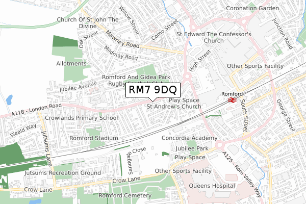 RM7 9DQ map - small scale - OS Open Zoomstack (Ordnance Survey)