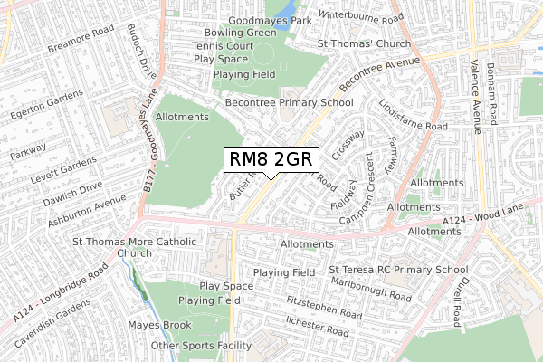 RM8 2GR map - small scale - OS Open Zoomstack (Ordnance Survey)