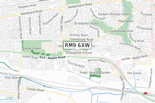 RM9 6XW map - small scale - OS Open Zoomstack (Ordnance Survey)