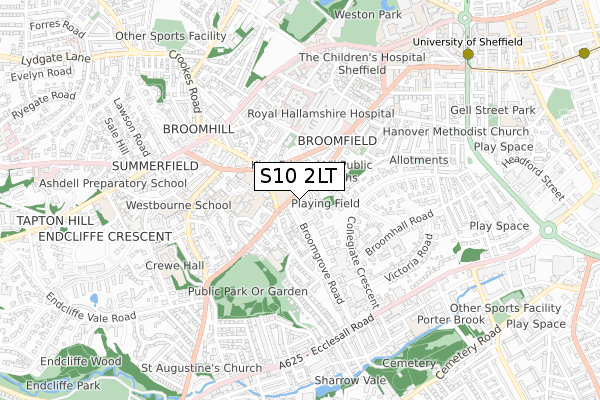 S10 2LT map - small scale - OS Open Zoomstack (Ordnance Survey)