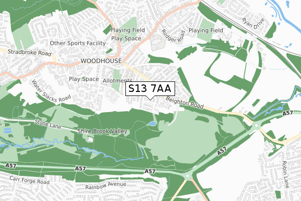 S13 7AA map - small scale - OS Open Zoomstack (Ordnance Survey)