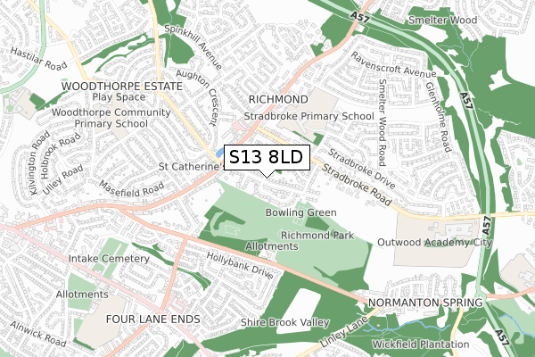 S13 8LD map - small scale - OS Open Zoomstack (Ordnance Survey)