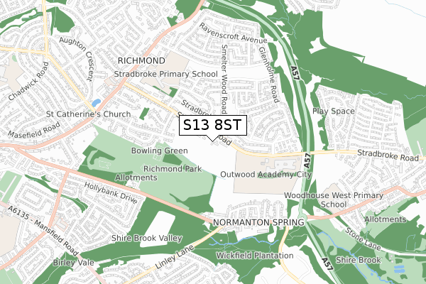 S13 8ST map - small scale - OS Open Zoomstack (Ordnance Survey)