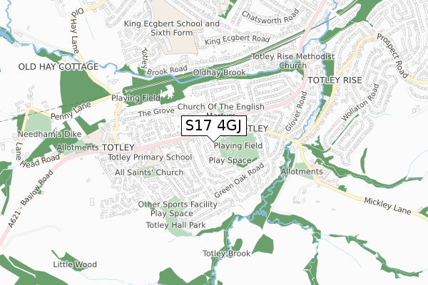 S17 4GJ map - small scale - OS Open Zoomstack (Ordnance Survey)