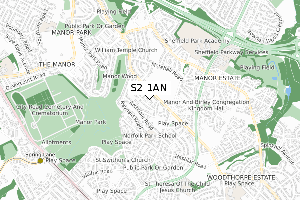 S2 1AN map - small scale - OS Open Zoomstack (Ordnance Survey)