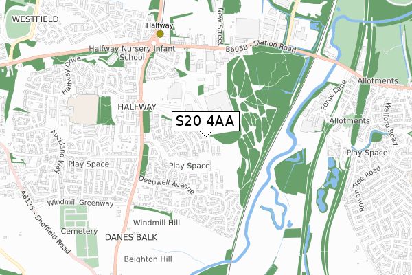 S20 4AA map - small scale - OS Open Zoomstack (Ordnance Survey)