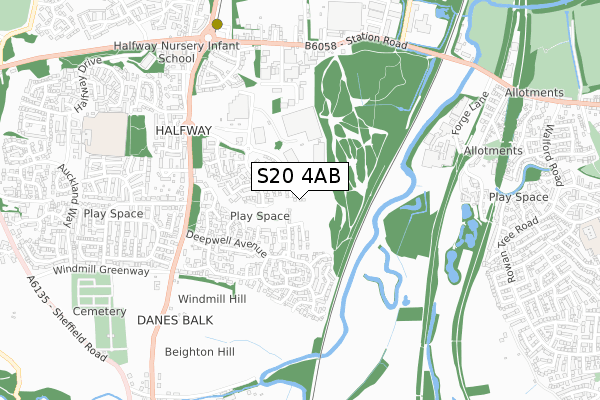 S20 4AB map - small scale - OS Open Zoomstack (Ordnance Survey)