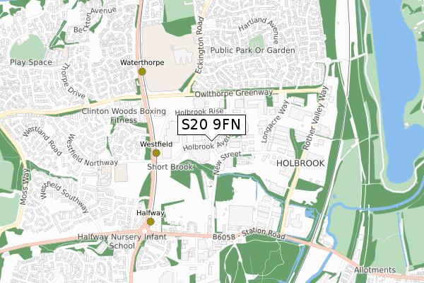 S20 9FN map - small scale - OS Open Zoomstack (Ordnance Survey)