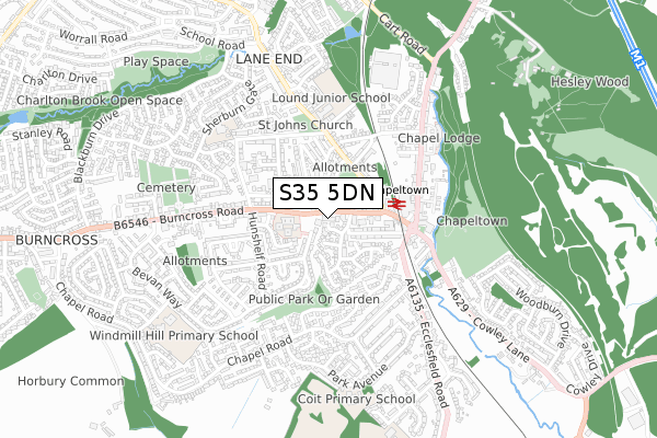 S35 5DN map - small scale - OS Open Zoomstack (Ordnance Survey)