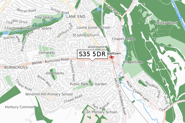 S35 5DR map - small scale - OS Open Zoomstack (Ordnance Survey)