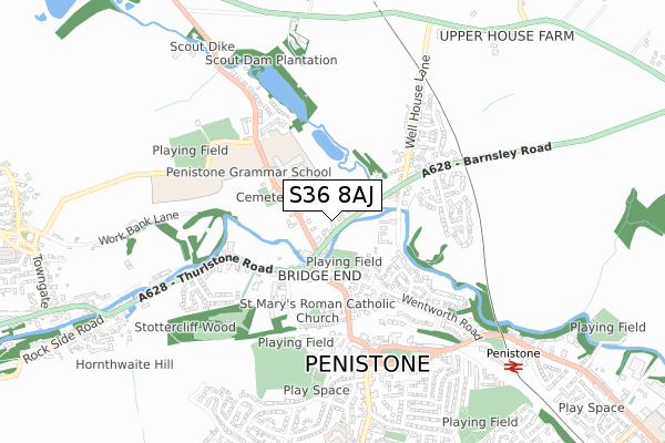 S36 8AJ map - small scale - OS Open Zoomstack (Ordnance Survey)