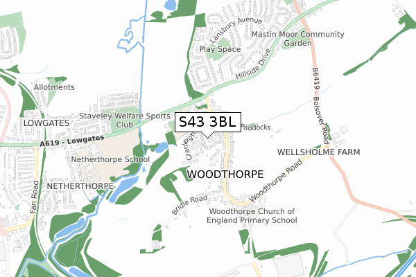 S43 3BL map - small scale - OS Open Zoomstack (Ordnance Survey)