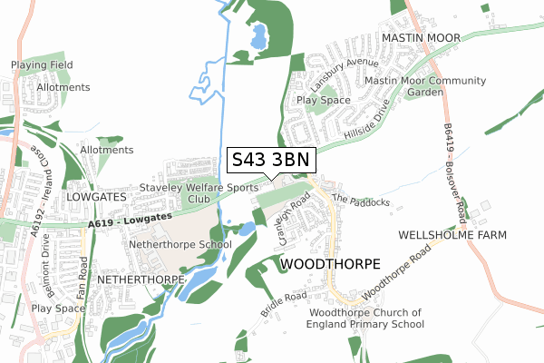 S43 3BN map - small scale - OS Open Zoomstack (Ordnance Survey)