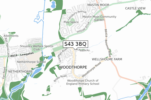 S43 3BQ map - small scale - OS Open Zoomstack (Ordnance Survey)