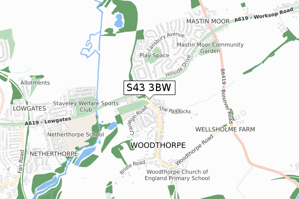 S43 3BW map - small scale - OS Open Zoomstack (Ordnance Survey)